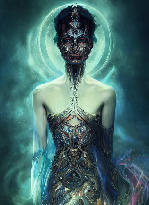 Image similar to epic portrait of menacing and anxious yet stunningly beautiful biomechanical djinn overseeing the iridescent fabric of time and space, by charlie bowater, mandy jurgens, gustav klimt, octane render, dramatic camera angle, 4k, 8k, high detail, HDR, by tom bagshaw, powerful, with inspiration from Beksinski, inspired by greek goddess Athena