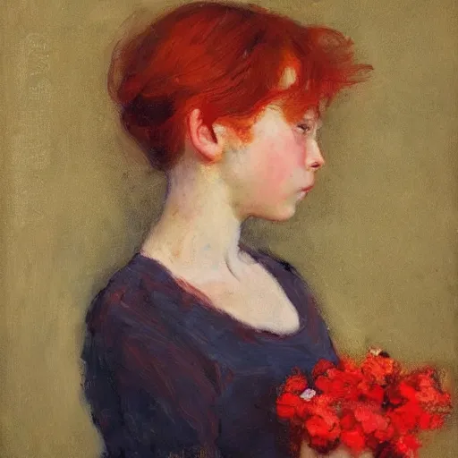 Image similar to profile of a girl with red hair, holding flowers joseph todorovitch