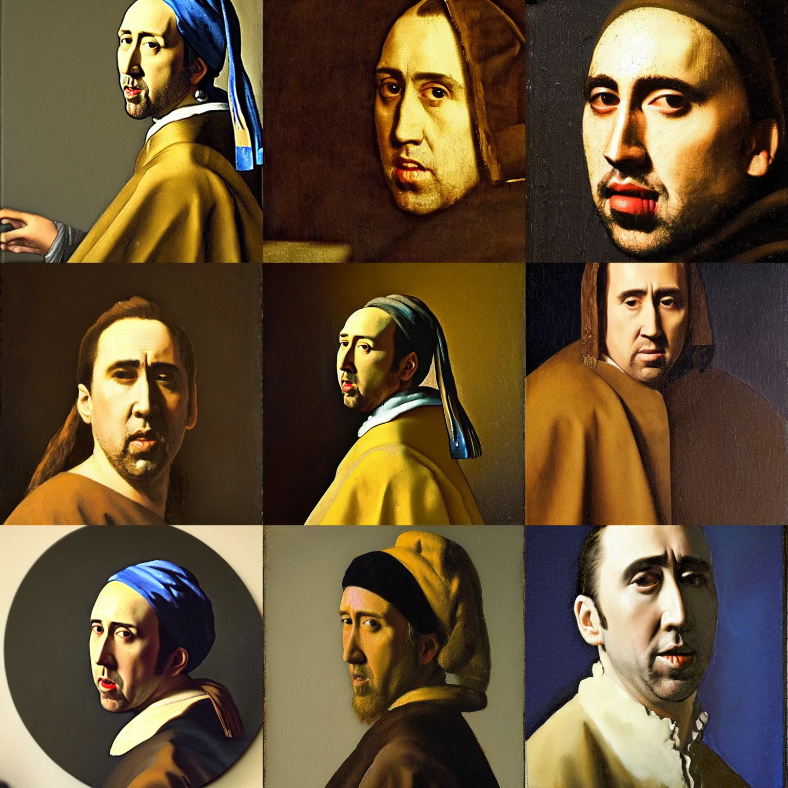 Prompt: A painting of Nicholas Cage by Johannes Vermeer. Dramatic lighting. Realistic likeness.