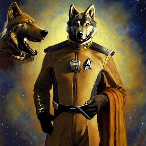 Prompt: a portrait of a wolf dogman canine star trek chief engineer. highly detailed painting by gaston bussiere craig mullins j. c. leyendecker furry