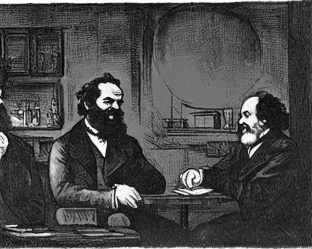 Image similar to karl marx chatting with aristotle in a bar, nighttime, noir, golden lights, calm feeling