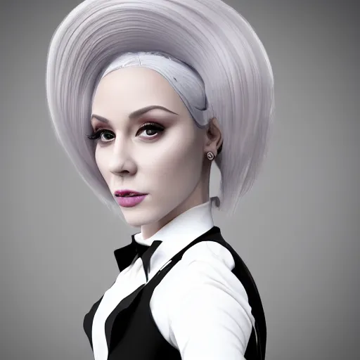 Prompt: A portrait of a female magician wearing a business suit and holding a wand, a cute 3d cgi young woman, full round face, light makeup, pale skin, medium shot, mid-shot, hyperdetailed, 8k, trending on artstation