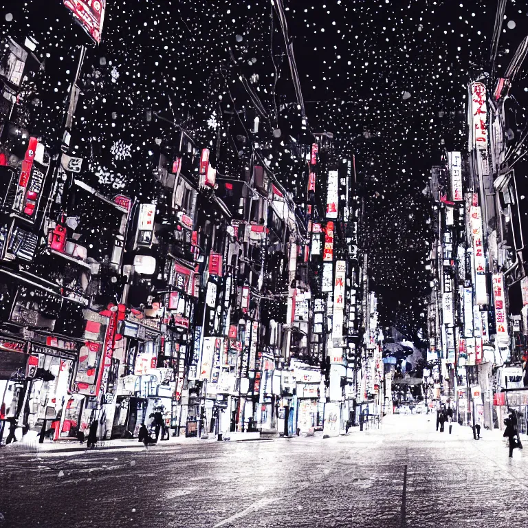 Image similar to illustration of tokyo with many lights and lens flares, snowy winter christmas night