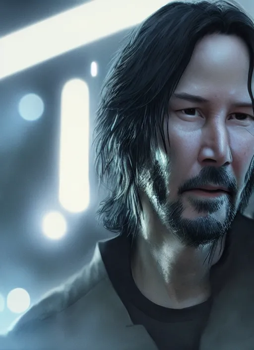 Prompt: close - up keanu reeves as a jedi holding a lightsaber, greg rutkowski, 8 k, shallow depth of field, intricate detail, concept art,