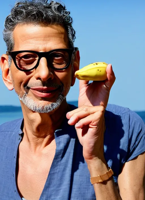 Image similar to jeff goldblum with a finger in a banana on the sand of a beach