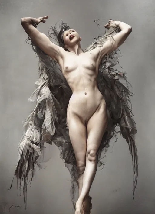 Prompt: expressive full body photo of an angels dancing, glamour shot, by jenny saville, by stefan gesell, photorealistic, canon r 3, fashion photography, hyper maximalist, elegant, ornate, luxury, elite, environmental portrait, symmetrical features, octane render, unreal engine, solid dark grey background, dramatic lights