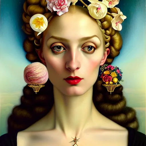 Image similar to centered portrait composition, woman with blonde hair full of spring flowers wearing ornate earrings, ornate gilded details, pastel colors, a surrealist painting by tom bagshaw and jacek yerga and tamara de lempicka and jesse king, wiccan, pre - raphaelite, featured on cgsociety, pop surrealism, surrealist, dramatic lighting