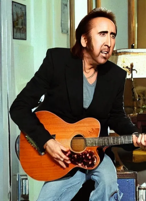 Prompt: nicolas cage, playing guitar while standing on a table