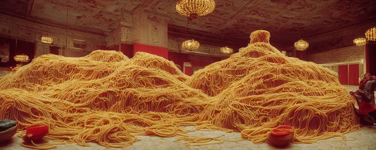 Prompt: the daming palace with a mound of spaghetti, tang dynasty, canon 2 8 mm, kodachrome, retro, in the style of wes anderson