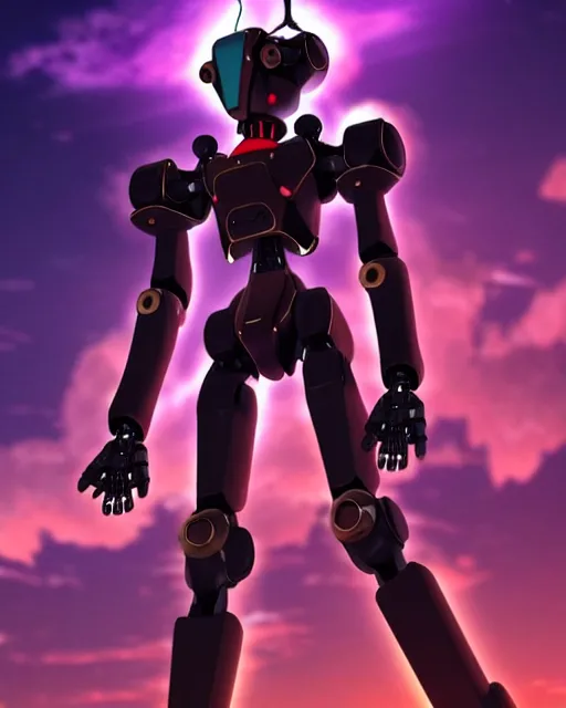 Image similar to black evangelion robot holding a steampunk guitar at night, cinematic lighting, evangelion anime poster, rebuild of evangelion 1 0 8 0 p, 9 0 s anime aesthetic, volumetric lights, rule of thirds, unreal engine render, pinterest wallpaper, trending on artstation