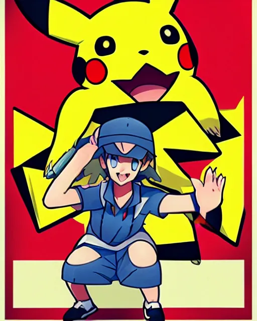 Prompt: an advertising poster of a pokemon trainer with pikachu in the style of the spanish bullfighting posters