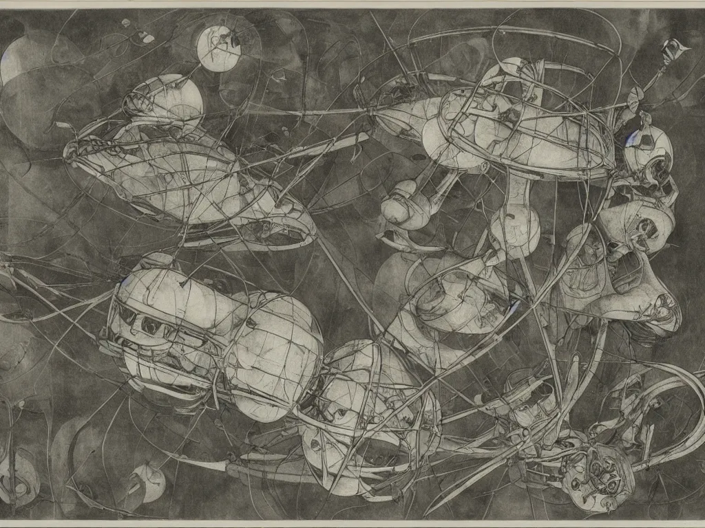 Prompt: study of tied dream bot mothership over the taiga. artwork by hans bellmer