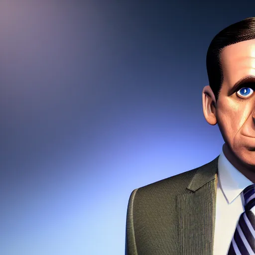 Image similar to hyperdetailed 3 d cartoon render of michael scott in a confident expressive pose, white background, low angle shot, cinematic studio lighting, studio quality, octane render, unreal engine 5, trending on artstation, 8 k