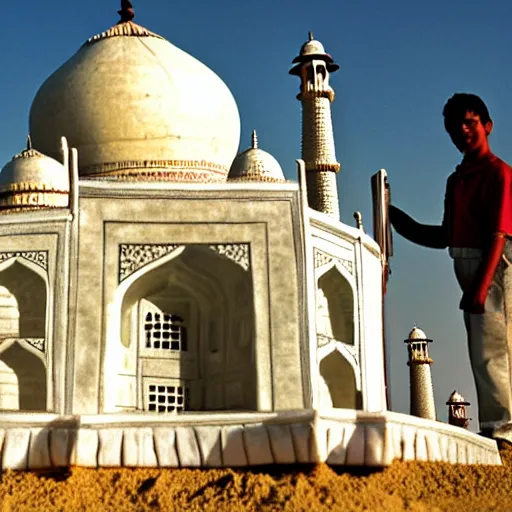 Prompt: a photo of tiny men constructing taj mahal made of sand