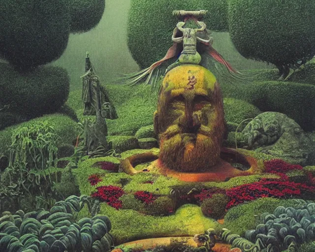 Image similar to strange weird pagan luscious garden with amazing little altars and japanese plants with a gigantic statue fountain of an ancient god stretching its arms above the garden by beksinski, digital art, oil painting, colorful, artstation, australian tonalism escher, minimalist, very clear, no blur, serene