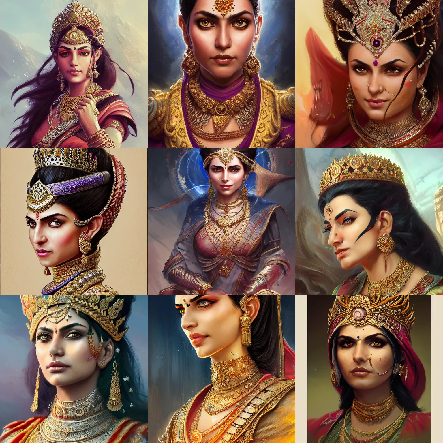 Prompt: gujarati empress, d & d, fantasy, portrait, highly detailed, digital painting, trending on artstation, concept art, sharp focus, illustration, art by artgerm and greg rutkowski and magali villeneuve