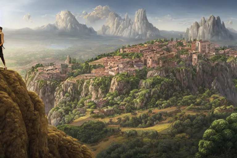 Image similar to an ultra detailed matte landscape painting of an extremely tall and strong young man with short brown hair standing on a cliff overlooking a medieval capital built on top of many hills, italian renaissance architecture, ultrawide lense, aerial photography, 8 k, volumetric lighting, smooth, highly detailed, digital illustration, art by kentaro miura and akira toriyama and artgerm