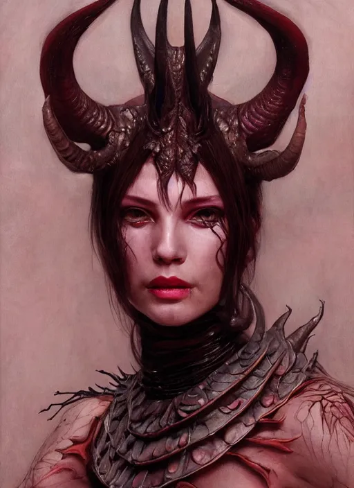 Image similar to half demon half human intricate skin scales costume, elegant, peaceful, full body, horns, hyper realistic, extremely detailed, dnd character art portrait, fantasy art, intricate fantasy painting, dramatic lighting, vivid colors, deviant art, artstation, by edgar maxence and caravaggio and michael whelan and delacroix.