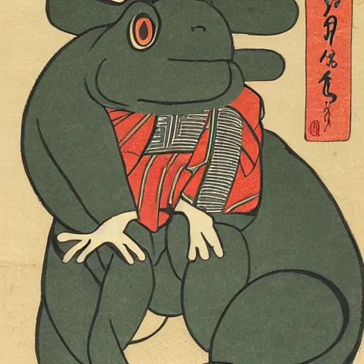 Image similar to Ukiyo-e of a samurai frog out walking his pet cat