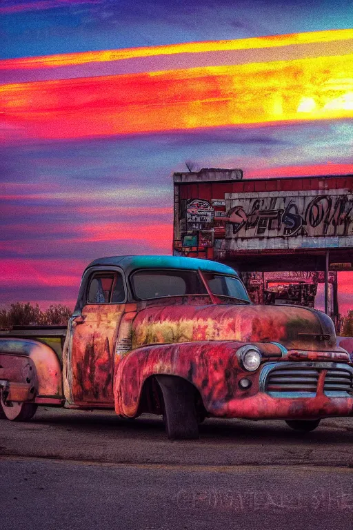 Image similar to a sunset light landscape with historical route 6 6, lots of sparkling details and sun ray ’ s, blinding backlight, smoke, volumetric lighting, colorful, octane, 3 5 mm, abandoned gas station, old rusty pickup - truck, beautiful epic colored reflections, very colorful heavenly, softlight