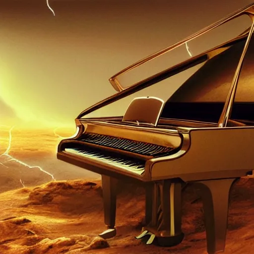 Image similar to UHD closeup of a Photorealistic Robot playing the piano during a stunning lightning storm on Mars, with a cool pose, by Antonio Caparo and Ferdinand Knab and Greg Rutkowski, UHD, photorealistic, trending on artstation, trending on deviantart