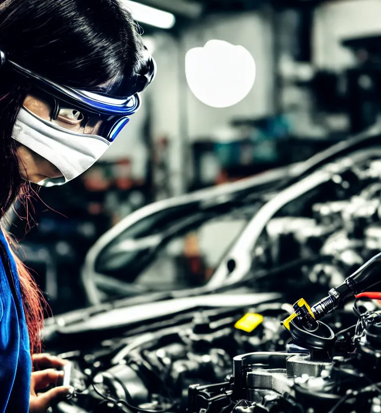 Image similar to a photo close up a female mechanic working on engine of a cyberpunk car,, wearing mask, cyberpunk garage, cyberpunk gunma prefecture, midnight, photorealistic, cinematic color, studio lighting, highly detailed, bokeh, style by tomino - sama