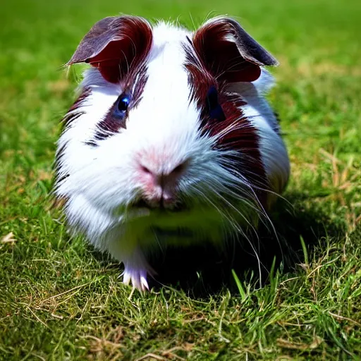 Prompt: guinea pig looking up at the sky, realistic photo, menacing atmosphere, sunshine, sun dappled, green grass, red sky