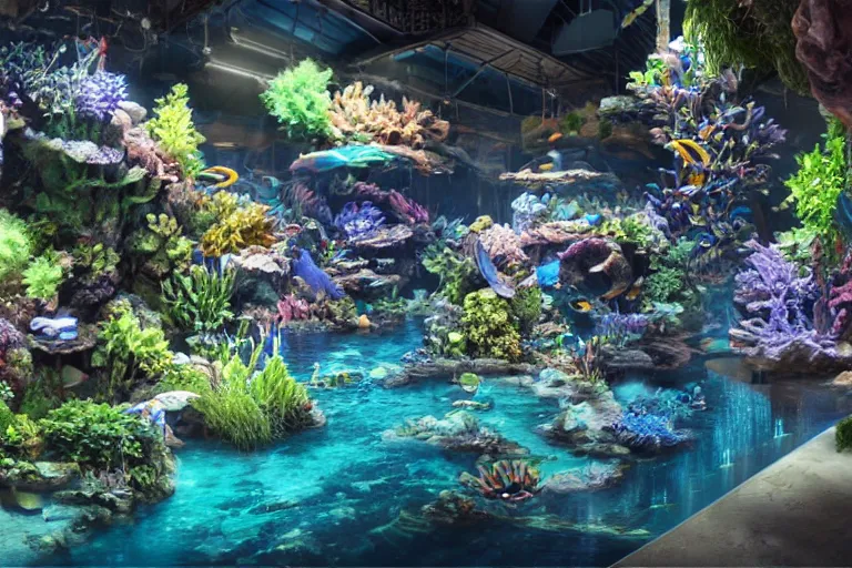 Image similar to the most amazing dream you ever had about aquarium world, hyper realistic, ambient lighting, concept art, intricate, hyper detailed, smooth, dynamic volumetric lighting, octane, cinematic