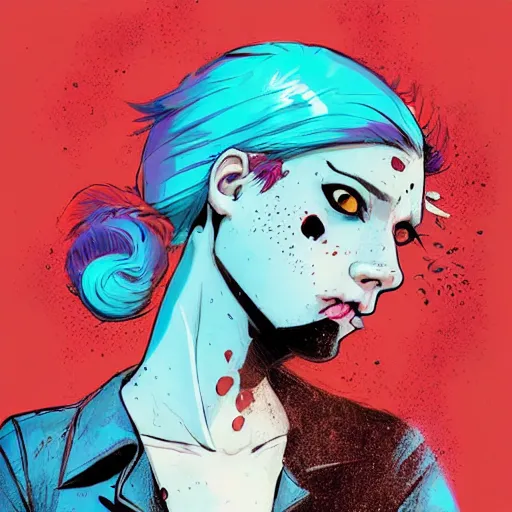 Image similar to Highly detailed portrait of pretty punk zombie young lady with cool hair, freckles and bloodshot eyes by Atey Ghailan, by Loish, by Bryan Lee O'Malley, by Cliff Chiang, inspired by image comics, inspired by graphic novel cover art, inspired by papergirls !! Gradient color scheme ((grafitti tag brick wall background)), trending on artstation