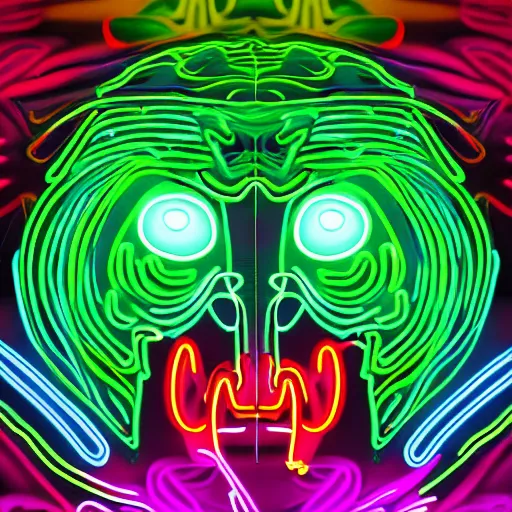 Image similar to digital art symmetrical demon face full of neon bright colours, in the dark, surrounded by smoke