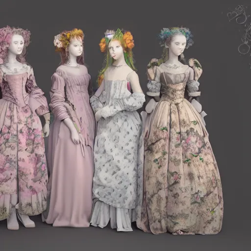 Prompt: 8k, octane render, realism, tonalism, renaissance, rococo, baroque, group of creepy young ladies wearing long harajuku manga dress with flowers and skulls, background chaotic flowers