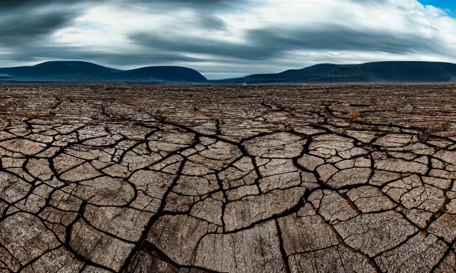 Image similar to panorama of a cloudless rain above a dried up river in a desolate land, dead trees, blue sky, hot and sunny, big raindrops, highly-detailed, elegant, dramatic lighting, artstation, 4k, cinematic landscape, photograph by Elisabeth Gadd