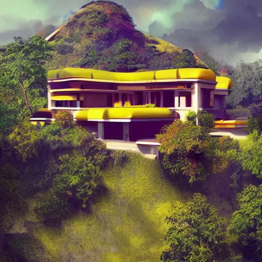 Prompt: modernist house inspired by a tibetan palace on a hill, big green trees, colorful clouds, dramatic lighting, artstation, matte painting, raphael lacoste, simon stalenhag, frank lloyd wright, zaha hadid