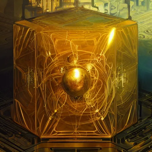 Image similar to hyper realistic golden quantum computer in the shape of a giant cube the size of a city , art by artery and Greg Rutkowski and alphonse mucha, sci-fi, fantasy, intricate, ornate, very very intimidating , highly detailed, digital painting, artstation, concept art, smooth, sharp focus, illustration