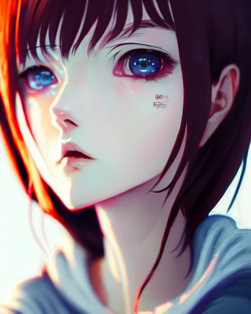 Image similar to full very close up shot of a beautiful loner girl, in tshirt, demented, russian, by saruei and guweiz and ilya kuvshinov and range murata, digital art, highly detailed, intricate, sharp focus, realistic, trending on artstation hq, deviantart, pinterest, unreal engine 5, 4 k uhd image