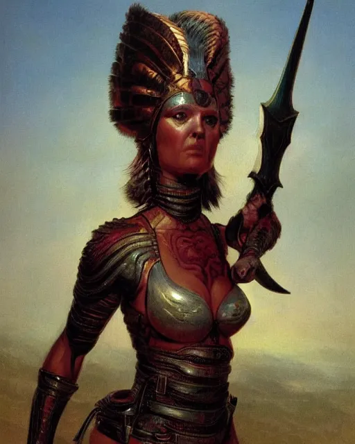 Prompt: a portrait of a shapely female warrior by boris valejo and Thomas Cole and Wayne Barlowe