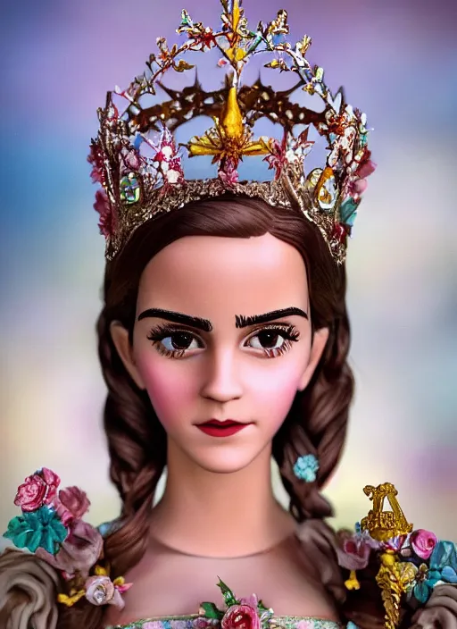 Image similar to closeup face profile portrait of tin toy emma watson as a fairytale princess wearing a crown eating cakes, bikini, depth of field, zeiss lens, detailed, symmetrical, centered, fashion photoshoot, by nicoletta ceccoli, mark ryden, lostfish, breathtaking, 8 k resolution, extremely detailed, beautiful, establishing shot, artistic, hyperrealistic, octane render