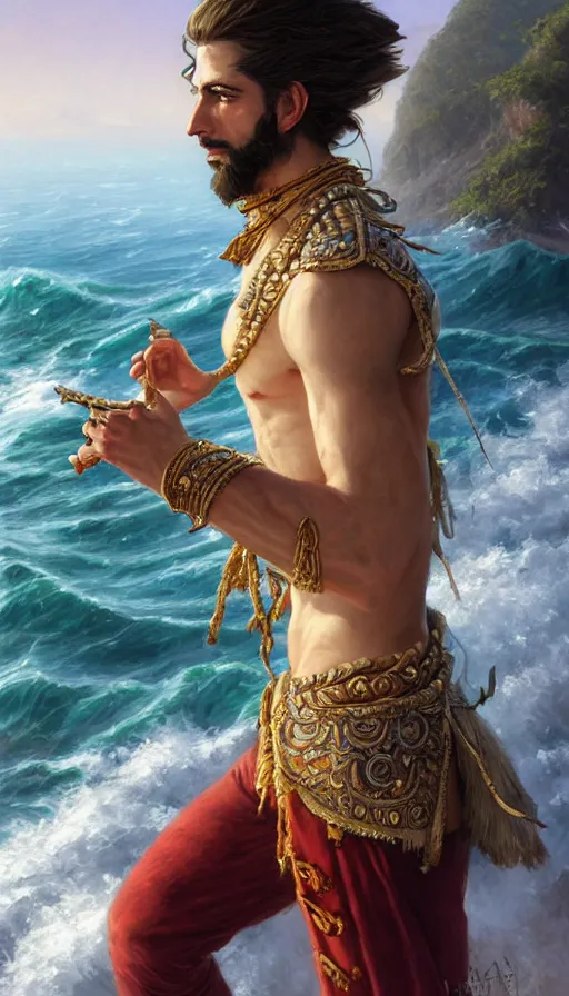 Image similar to elegant corsaire full body portrait, stern look, late xix century commodore vest, wild ocean background, intricate, highly detailed, digital painting, artstation, concept art, sharp focus, illustration, art by Artgerm, Grafit Studio, and Greg Rutkowski, Craig Mullins, Makoto Shinkai, Stanley Artgerm Lau, WLOP, Rossdraws, James Jean, Andrei Riabovitchev, Marc Simonetti, krenz cushart, Sakimichan, D&D trending on ArtStation, digital art - W 640