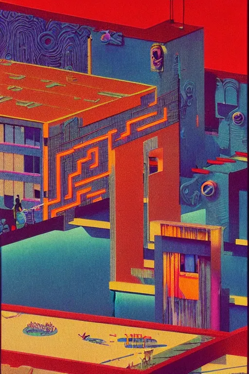 Image similar to 8 0 s art deco motel with swimmingpool, robots, neon signes, cinematic dramatic cyberpunk textural fluid lines otherworldly vaporwave interesting details fantasy lut epic composition by basquiat zdzisław beksinski james jean artgerm rutkowski moebius francis bacon gustav klimt