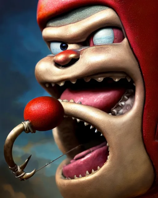 Image similar to highly detailed closeup, face profile portrait of a tin toy matt damon as a medieval demon with horns eating cakes in a castle, hyper realistic, artstation, illustration, nicoletta ceccoli, mark ryden, lostfish, dan decarlo, bob clampett, max fleischer, digital paint, matte paint, vivid colors, detailed and intricate environment