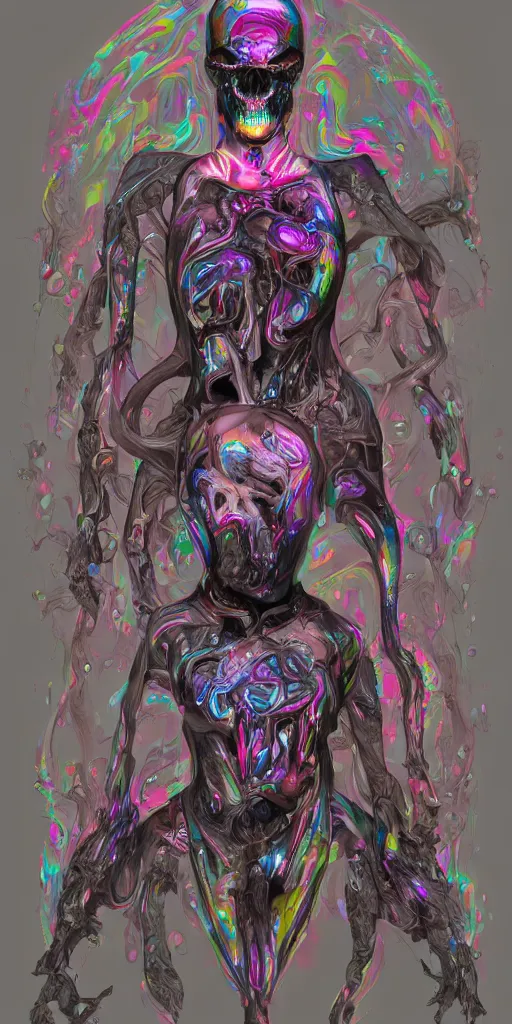 Image similar to symmetrical skull liquid surface form fused with human form fashion outfit concept design, rainbow iridescent accents, full body frontal view, Peter mohrbacher, zaha hadid, tsutomu nihei, emil melmoth, zdzislaw belsinki, Craig Mullins, yoji shinkawa, trending on artstation, beautifully lit, hyper detailed, insane details, intricate, elite, ornate, elegant, luxury, dramatic lighting, CGsociety, hypermaximalist, golden ratio, octane render, weta digital, micro details, ray trace, 8k,