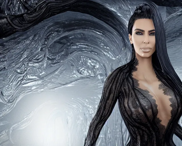 Image similar to epic full shot still of kim kardashian unconscious wearing a black lace dress in a transparent alien liquid, wet flowing hair, gooey skin, illustration, unreal engine 5, 8 k, made by h. r. giger.