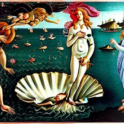 Prompt: birth of venus all people are frogs in the style botticelli, 8 k, oil painting,