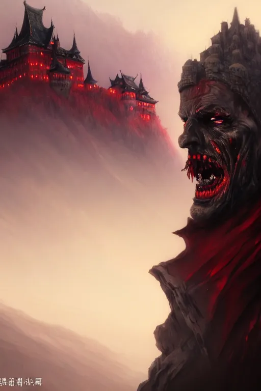 Image similar to ultra detailed close up face portrait of vladimir dracula crying blood, dracula's castle in distance in the background, extremely detailed digital painting, in the style of fenghua zhong and ruan jia and jeremy lipking and peter mohrbacher, mystical colors, rim light, beautiful lighting, 8 k, stunning scene, raytracing, octane, trending on artstation