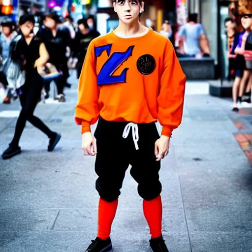 Prompt: dragonball z inspired character wearing 9 0 s fashion in anime style wearing streetwear fashion in soho new york