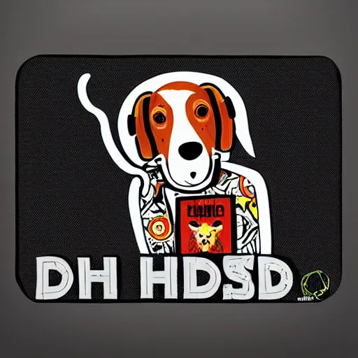 Prompt: wild humanoid dog playing music on his headphones, dancing by shepard fairey, sticker - svg