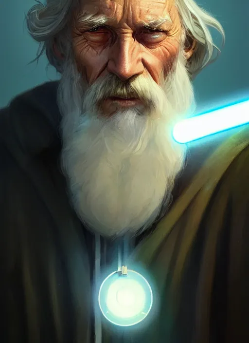 Image similar to old man with light beard, long hair, jedi, modern, colourful!! highly detailed, digital painting, artstation, concept art, sharp focus, illustration, by greg rutkowski