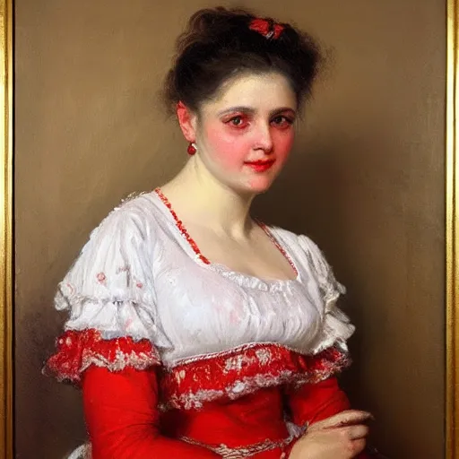 Image similar to portrait of a woman dressed in white and red, by nikolay makovsky.