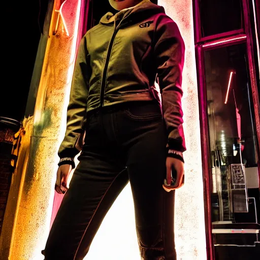 Image similar to photograph of a retro techwear women near the bar of a packed busy rundown nightclub, retrofuturism, brutalism, cyberpunk, sigma 85mm f/1.4, 15mm, 35mm, tilted frame, long exposure, 4k, high resolution, 4k, 8k, hd, wide angle lens, highly detailed, full color, harsh light and shadow