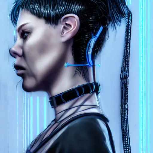 Image similar to detailed realistic cyberpunk female character cyberpunk wearing large steel collar around neck, realistic, art, beautiful, 4K, collar, choker, collar around neck, punk, artstation, detailed, female, woman, choker, cyberpunk, neon, punk, collar, choker, collar around neck, thick collar, choker around neck, wearing choker, wearing collar, bright neon punk hair,